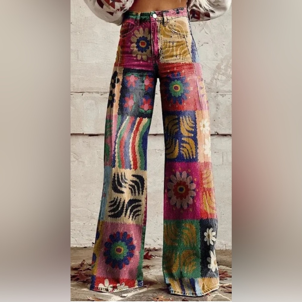 Colorful Patchwork Wide-Leg Festival Pants